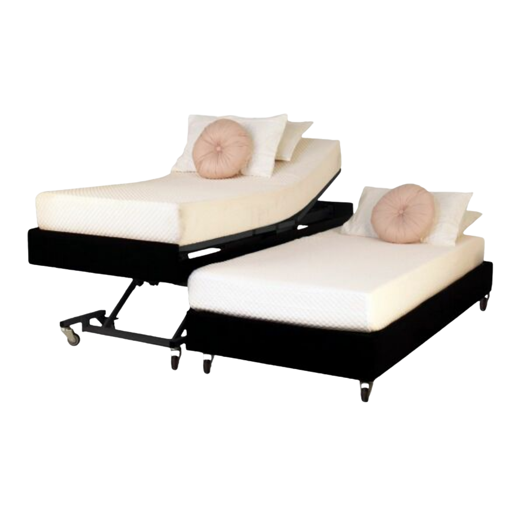 Icare IC333 Homecare Bed shown with adjustable backrest and leg rest, featuring upholstered finish and ultra-low height for safe mobility.