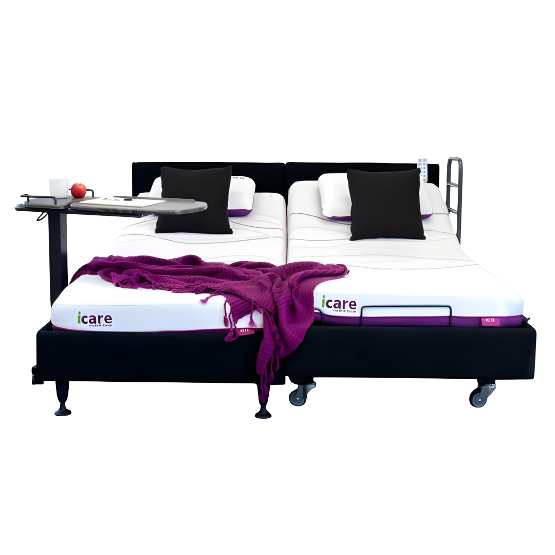 Icare IC333 Homecare Bed shown with adjustable backrest and leg rest, featuring upholstered finish and ultra-low height for safe mobility.