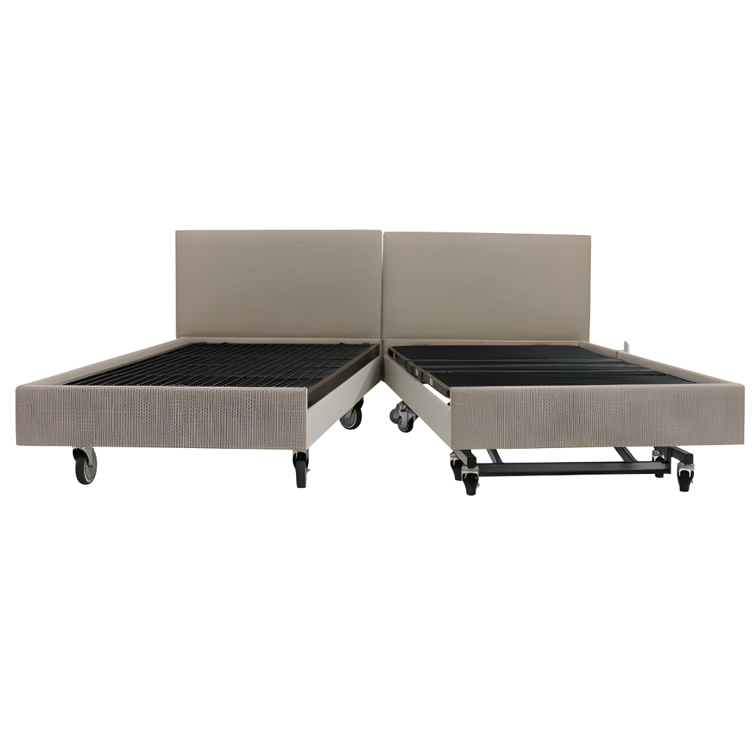 Icare IC333 Homecare Bed shown with adjustable backrest and leg rest, featuring upholstered finish and ultra-low height for safe mobility.