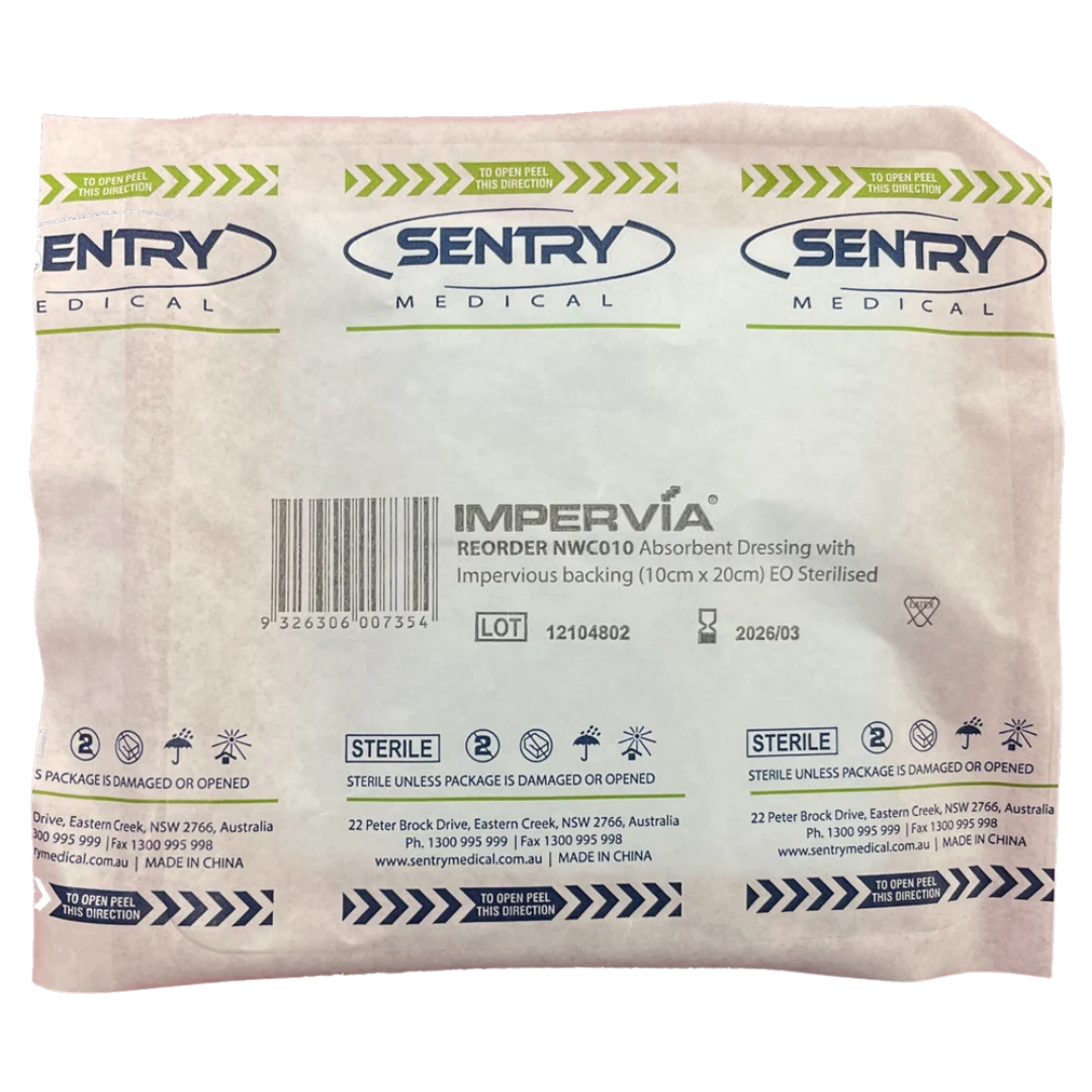 Impervia Absorbent Dressing with soft non-adherent layer and waterproof backing designed for effective wound fluid management and comfort.