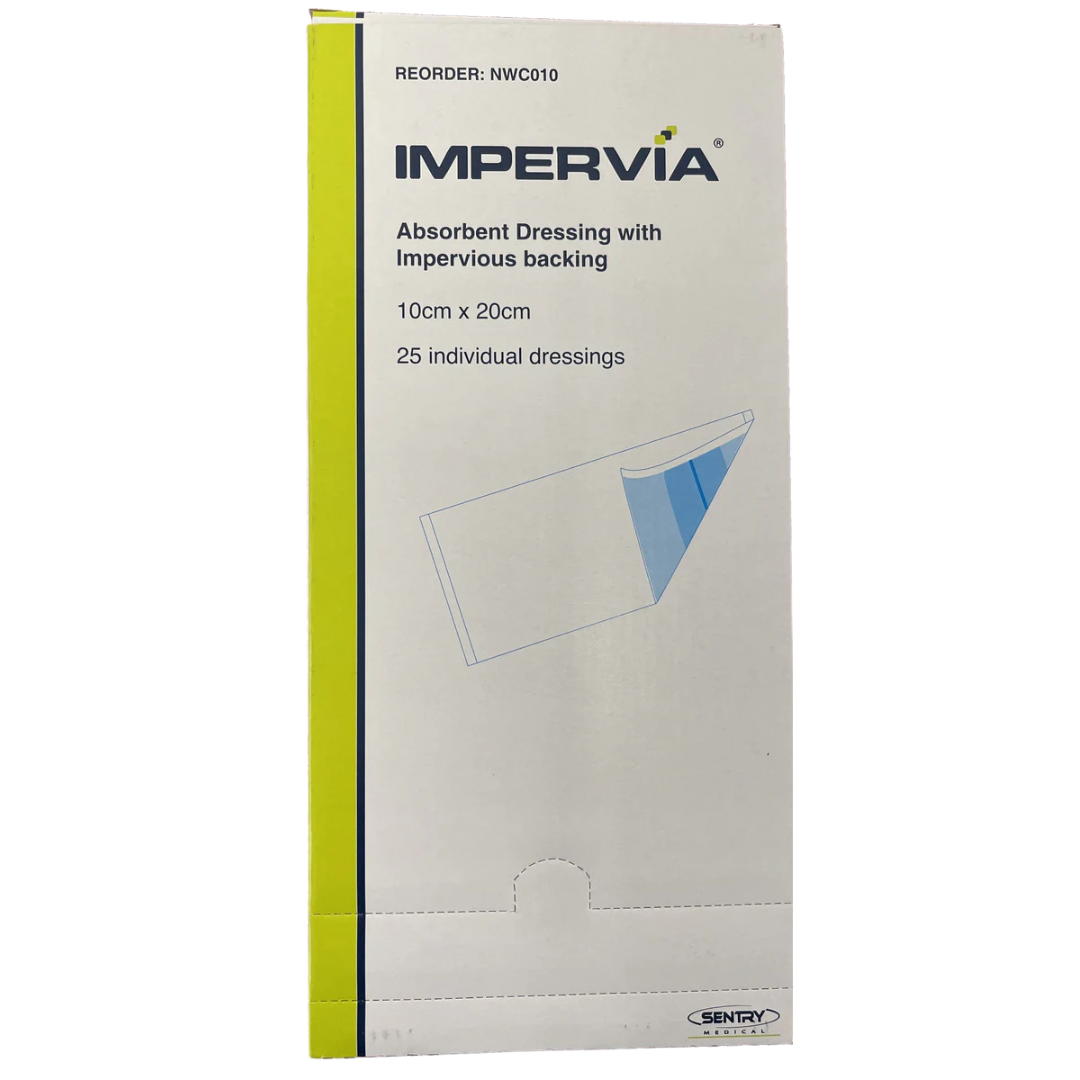 Impervia Absorbent Dressing with soft non-adherent layer and waterproof backing designed for effective wound fluid management and comfort.