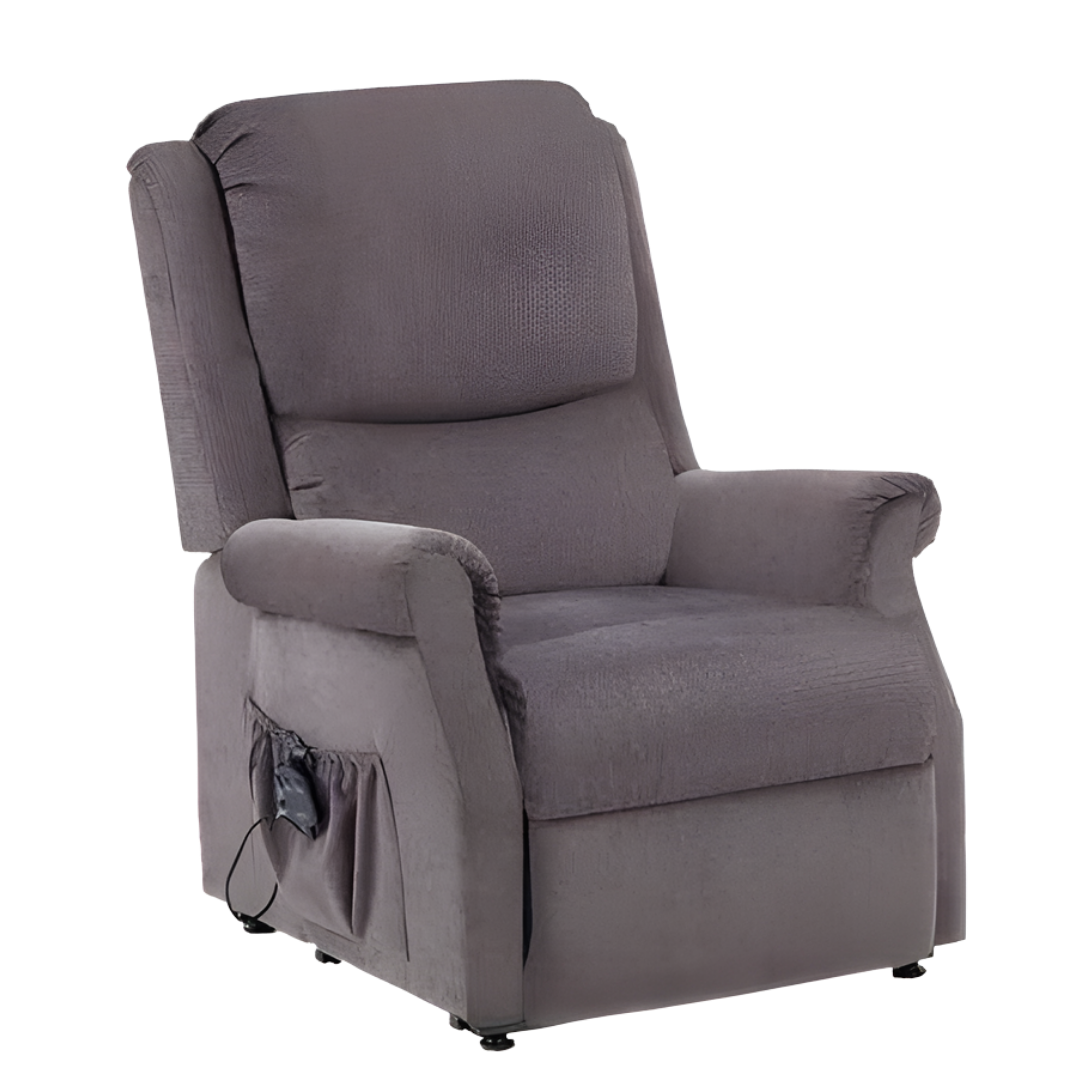 Drive Medical Indiana Lift Chair in Standard and Petite sizes, shown in Graphite Grey and Mushroom, designed to support safe standing and comfortable daily seating.