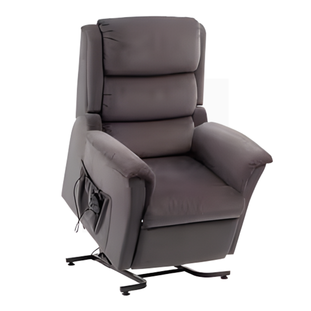 Drive Medical Indiana Lift Chair in Standard and Petite sizes, shown in Graphite Grey and Mushroom, designed to support safe standing and comfortable daily seating.