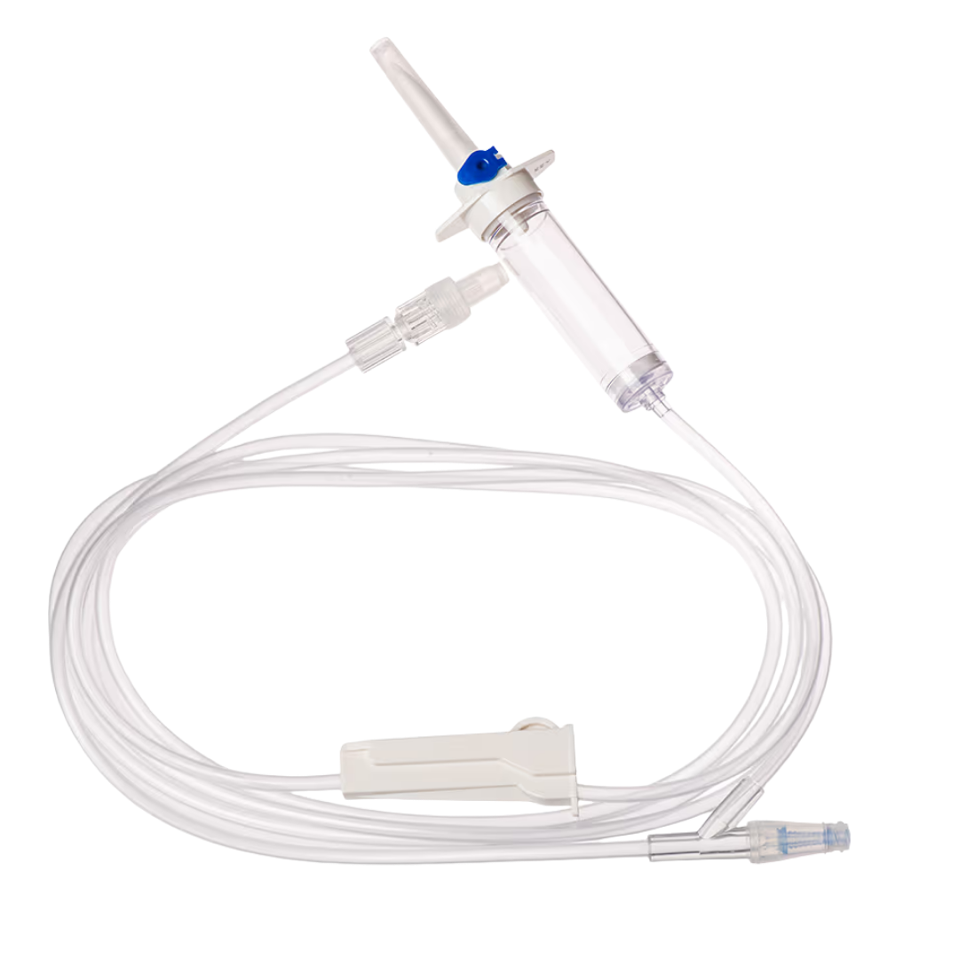 Sterile single-use infusion set with 15µ filter, vented chamber, needle-free injection site, 220cm tubing for safe and reliable IV fluid administration.