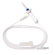 Sterile single-use infusion set with 15µ filter, vented chamber, needle-free injection site, 220cm tubing for safe and reliable IV fluid administration.