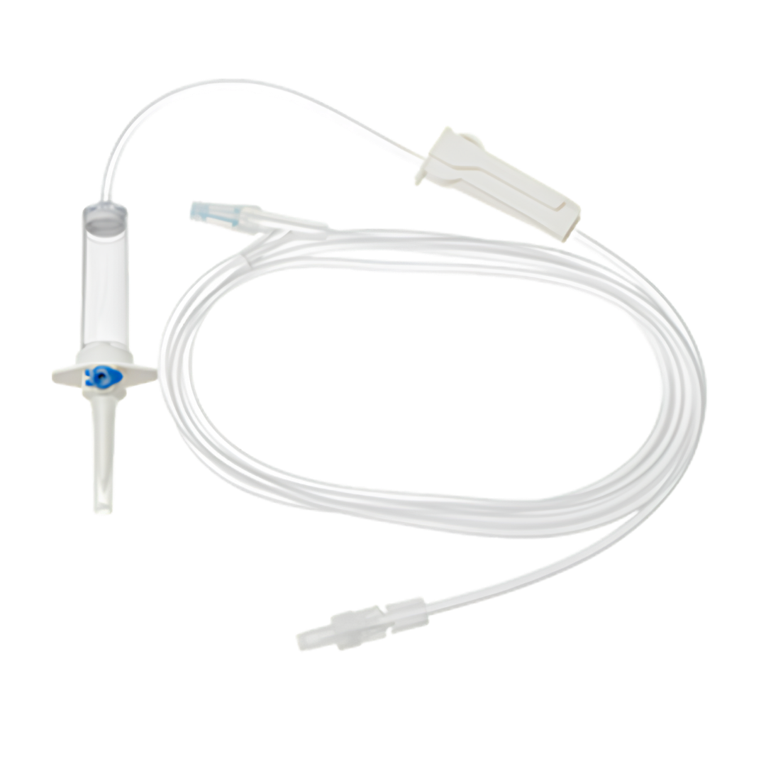 Sterile single-use infusion set with 15µ filter, vented chamber, needle-free injection site, 220cm tubing for safe and reliable IV fluid administration.