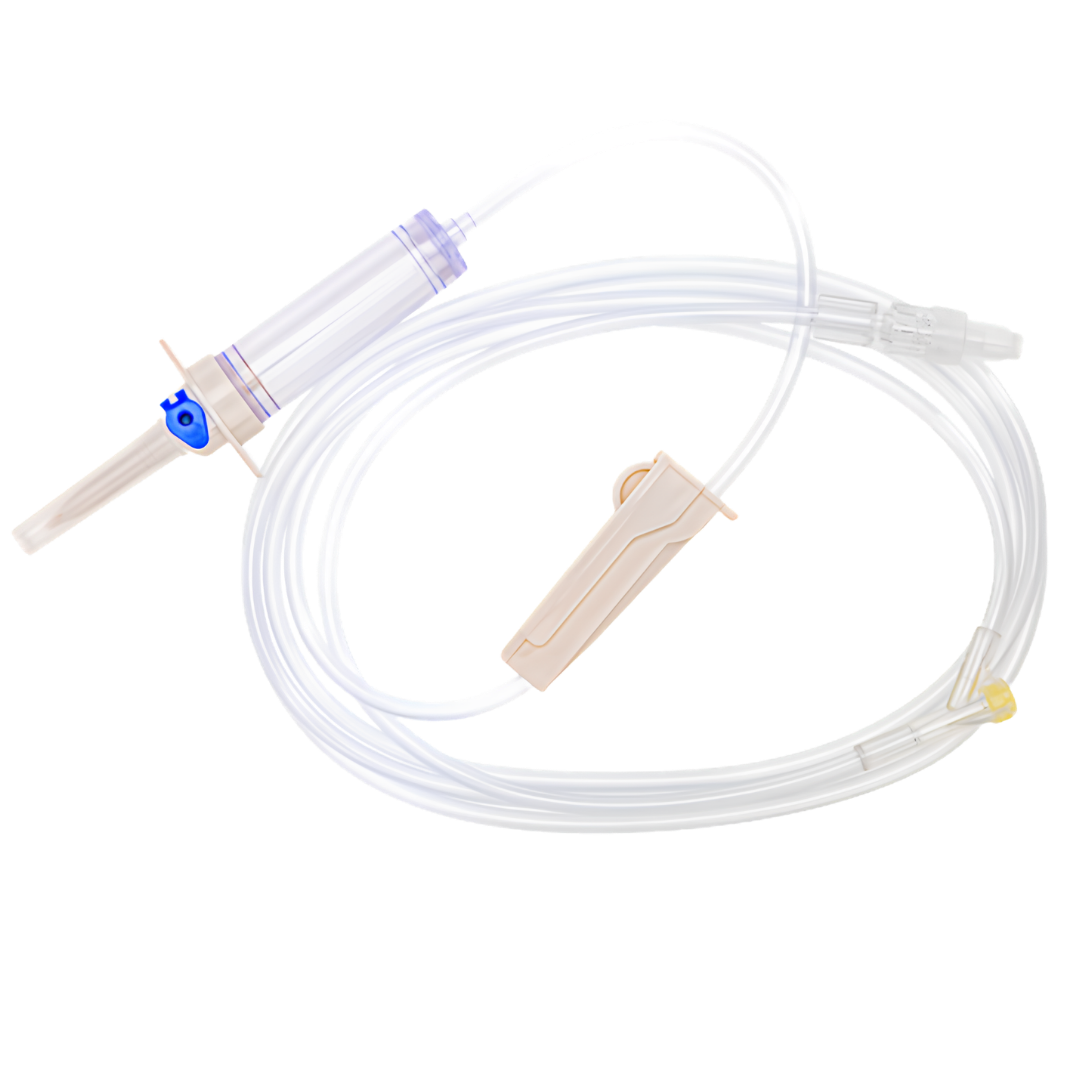 Sterile single-use infusion set with needle-free injection site, 220cm tubing, vented chamber and 15µ filter for safe IV fluid administration.