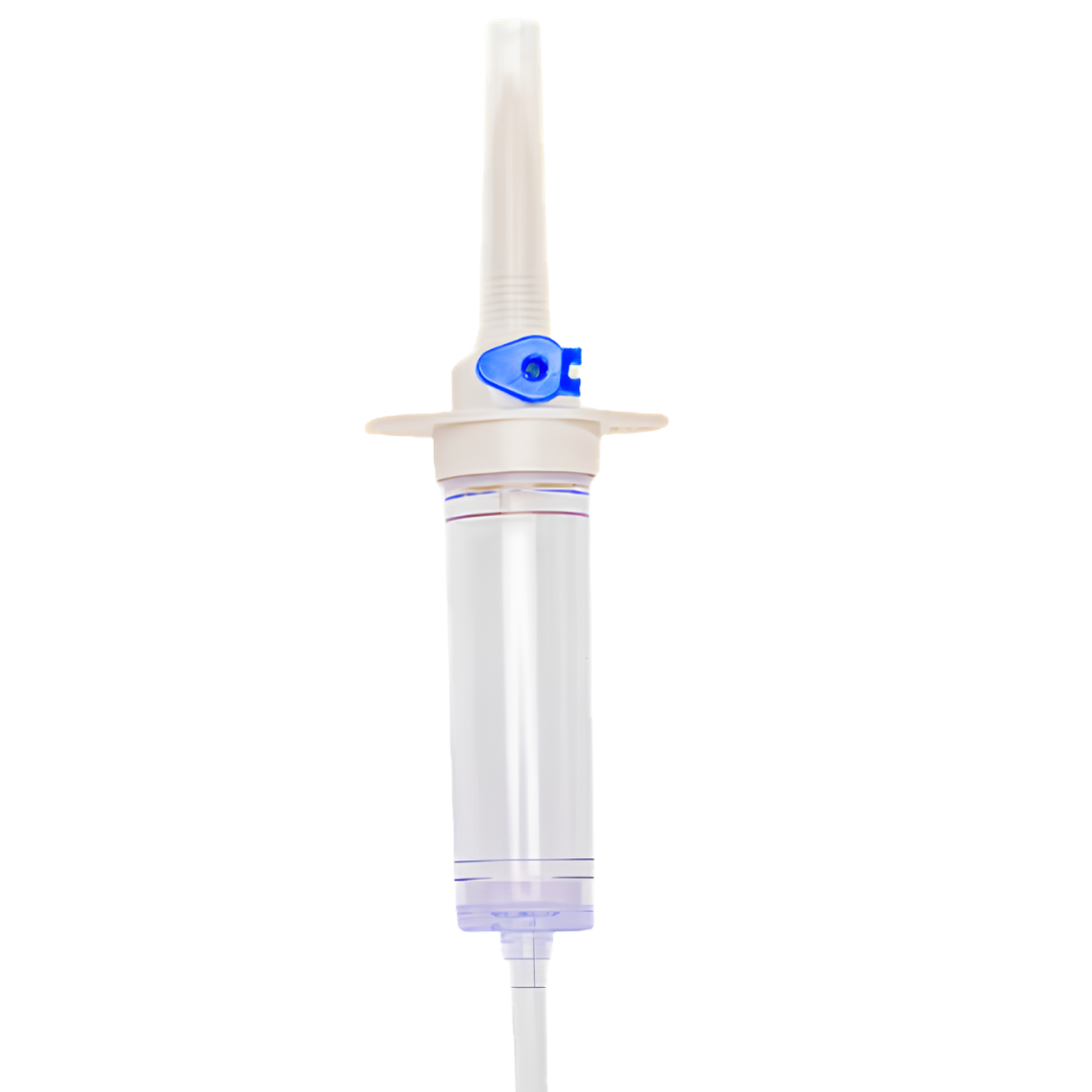 Sterile single-use infusion set with needle-free injection site, 220cm tubing, vented chamber and 15µ filter for safe IV fluid administration.