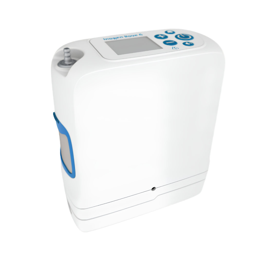 Inogen Rove 6 portable oxygen concentrator with 16‑cell battery, lightweight design, extended runtime, supports active lifestyle and reliable oxygen therapy.