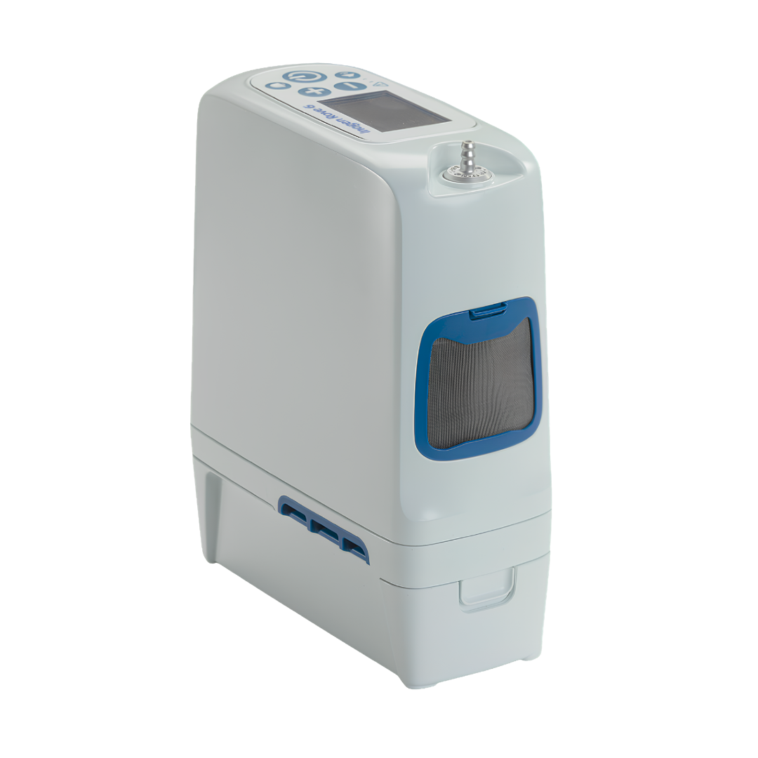 Inogen Rove 6 portable oxygen concentrator with 8‑cell battery, compact design, reliable oxygen therapy, supports mobility with shorter runtime option.