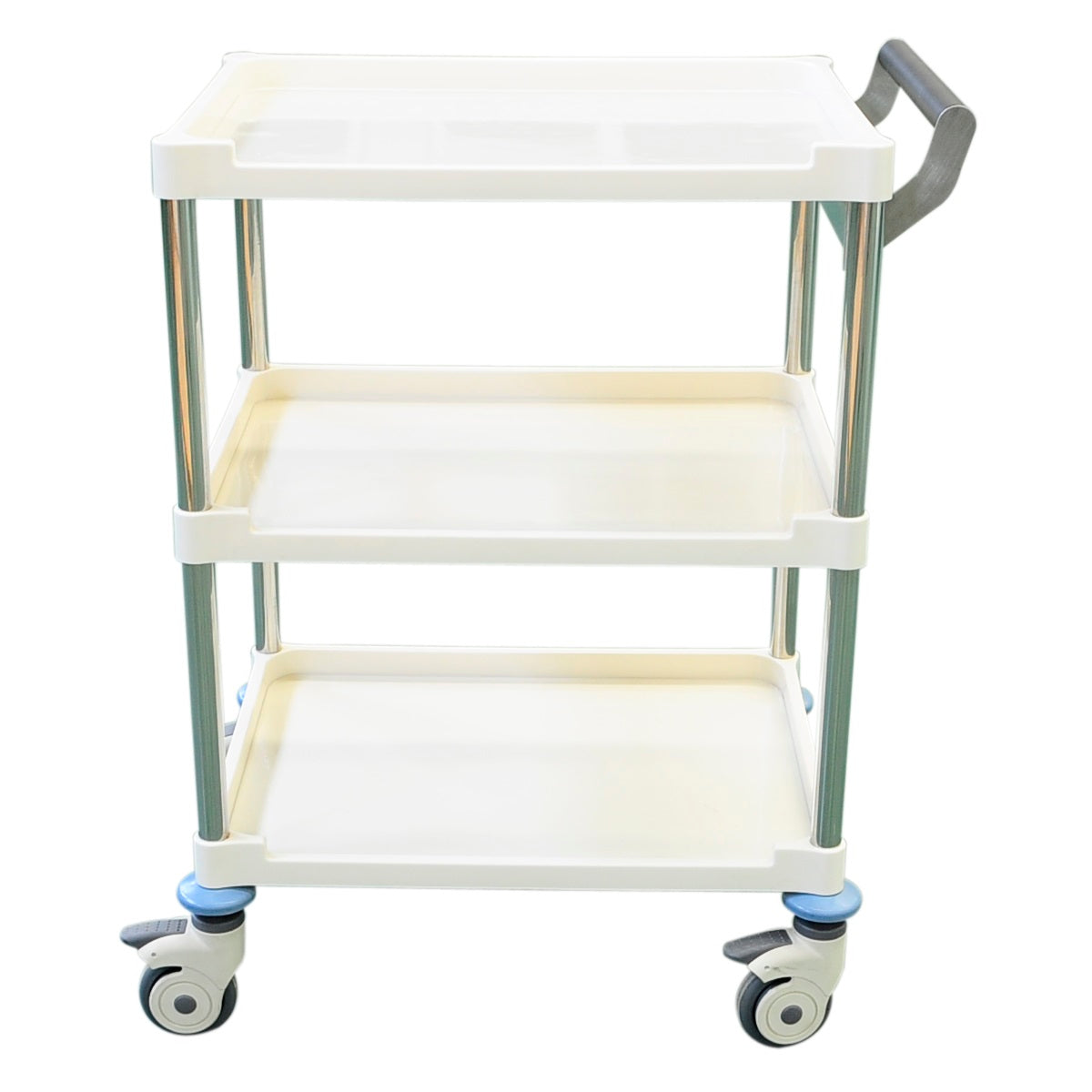 Instrument Trolley One Shelf front view, three trays with push handle