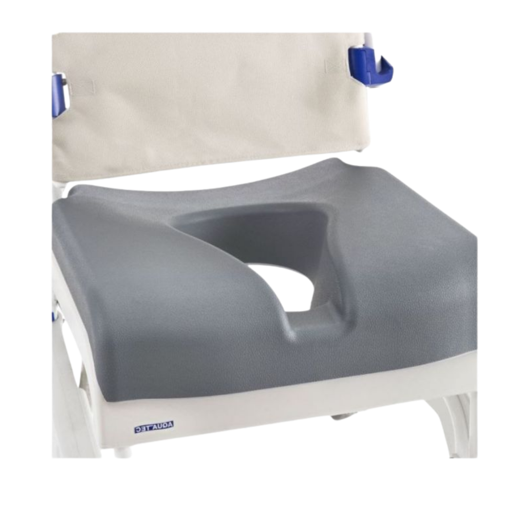 Invacare Aquatec Ergonomic Extra Soft Seat, cushioned design for enhanced comfort, pressure relief, and secure support in shower and commode chairs.