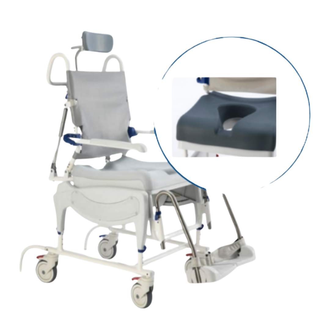 Invacare Aquatec Ergonomic Extra Soft Seat, cushioned design for enhanced comfort, pressure relief, and secure support in shower and commode chairs.