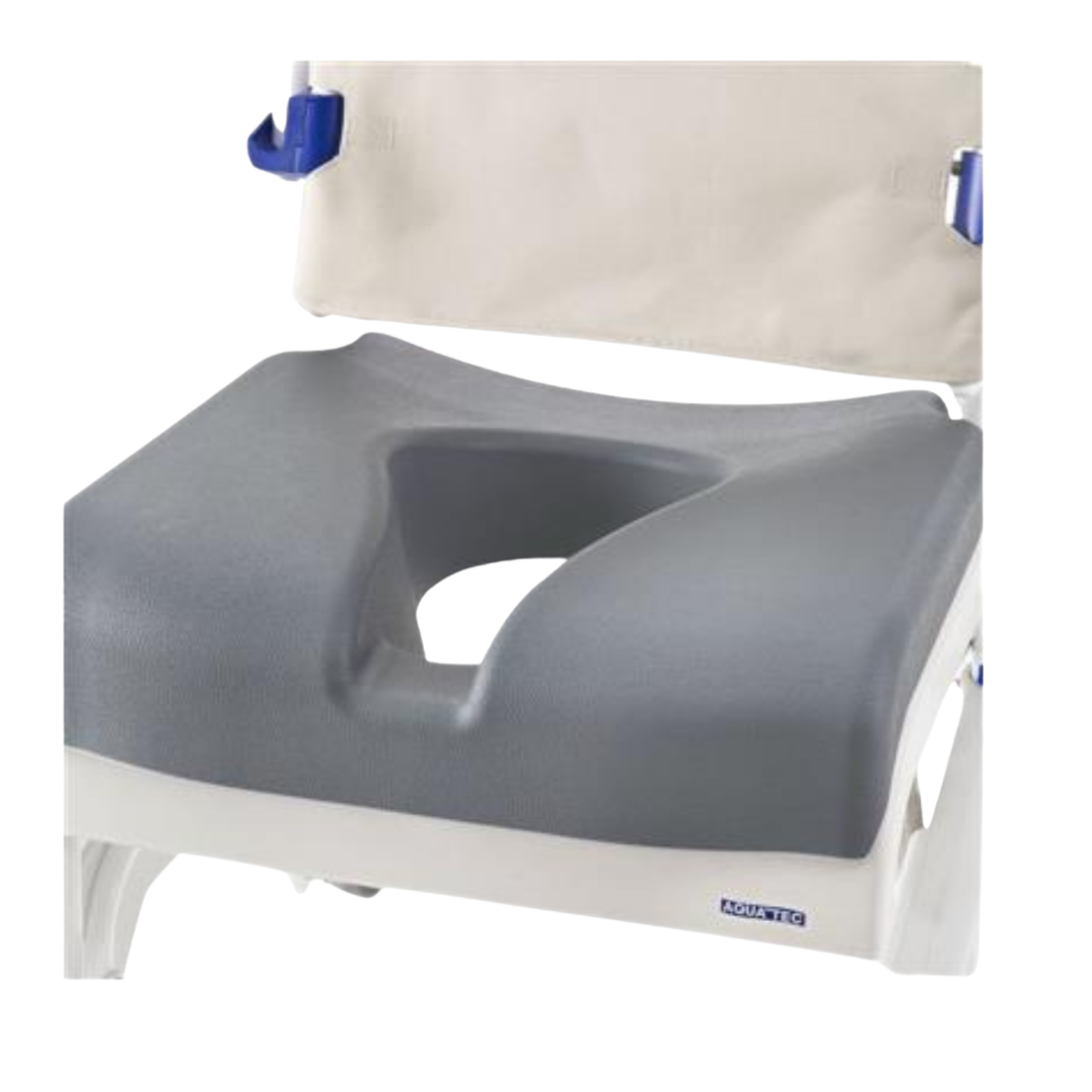 Invacare Aquatec Ergonomic Extra Soft Seat, cushioned design for enhanced comfort, pressure relief, and secure support in shower and commode chairs.