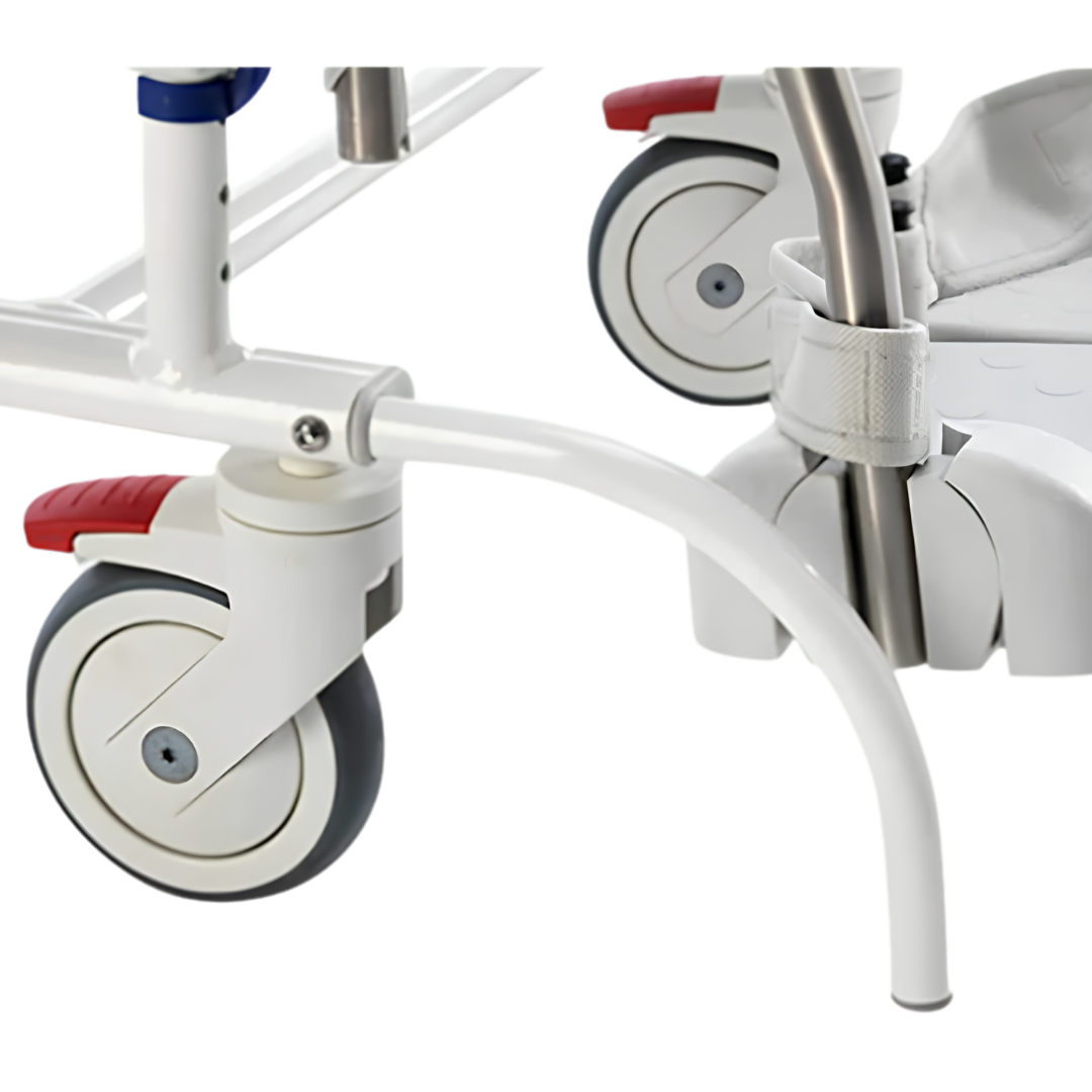 Invacare Aquatec front anti‑tippers, designed for Ergo VIP shower commode chairs, enhance stability, prevent tipping, and improve user safety during transfers.