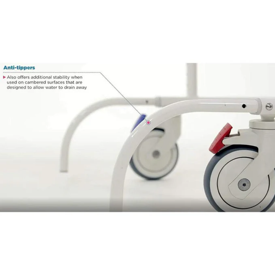 Invacare Aquatec front anti‑tippers, designed for Ergo VIP shower commode chairs, enhance stability, prevent tipping, and improve user safety during transfers.