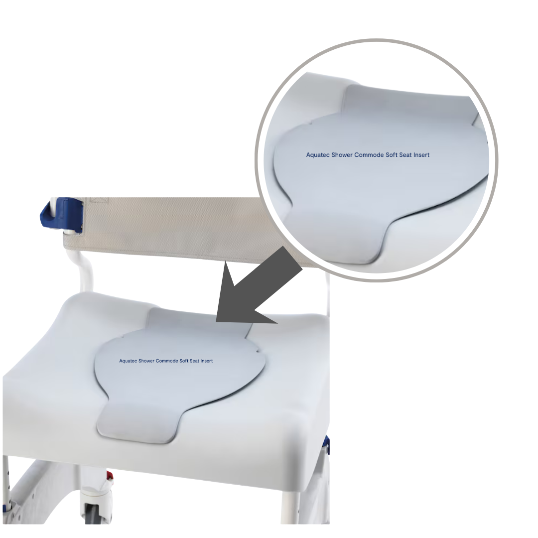 Invacare Aquatec soft seat insert, cushioned design for added comfort, pressure relief, and secure fit, compatible with Aquatec shower and commode chairs.