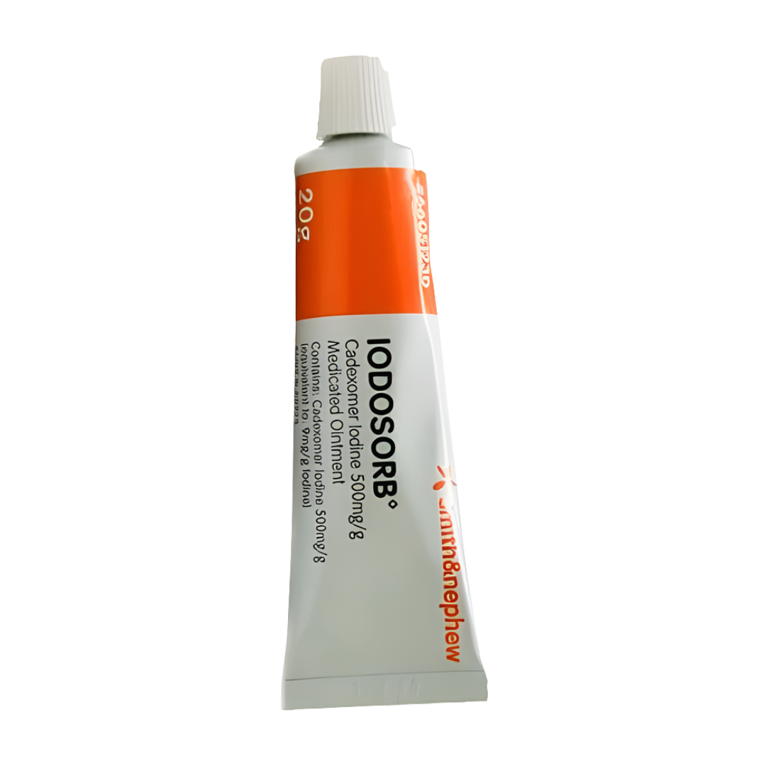 Iodosorb Cadexomer Iodine Ointment 20g tube for antimicrobial wound care, designed to reduce bacteria, manage exudate and support healing in infected wounds.