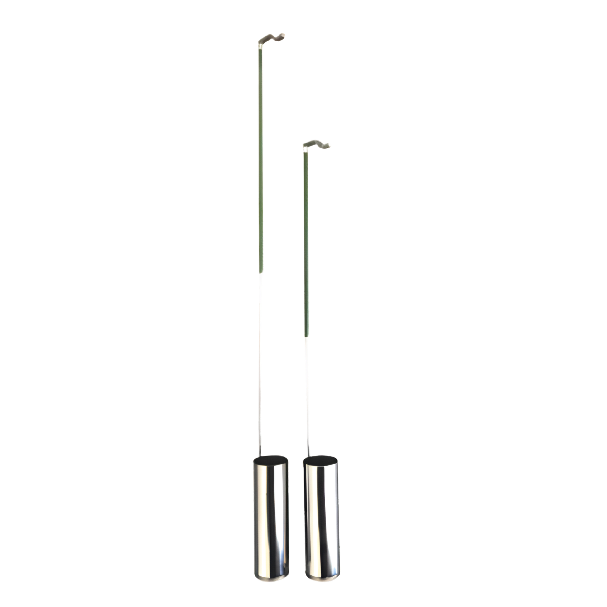 Two stainless steel cryogenic ladles for liquid nitrogen Dewars, featuring long thin handles with hooked ends and cylindrical dipping cups, designed for 20-liter and 30-liter capacities.