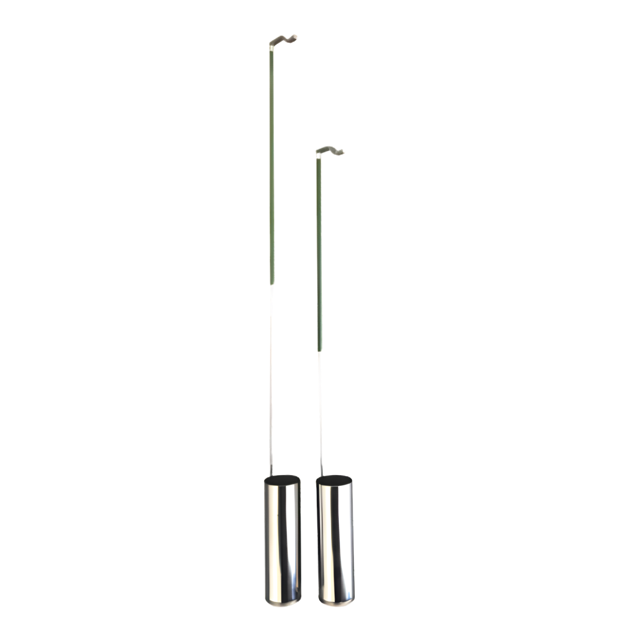Two stainless steel cryogenic ladles for liquid nitrogen Dewars, featuring long thin handles with hooked ends and cylindrical dipping cups, designed for 20-liter and 30-liter capacities.