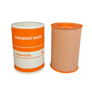 Leukoplast Elastic Zinc Oxide Tape in tan, 7.5cm x 2.5m roll, designed for flexible joint support and secure medical dressing fixation with breathable, skin-friendly adhesive.