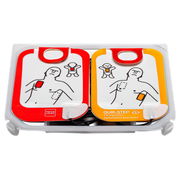 A set of LifePak CR2 replacement electrodes with a quick-step interface, displayed in a plastic case. The electrodes are red, yellow, and orange, and they are labeled for use in both adult and pediatric patients.