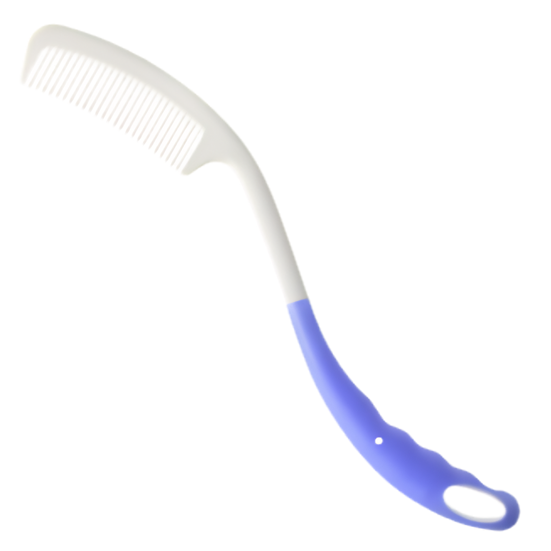 Long handled fine comb with ergonomic grip, extended reach for hair grooming, lightweight design supports independence and daily personal care routines.