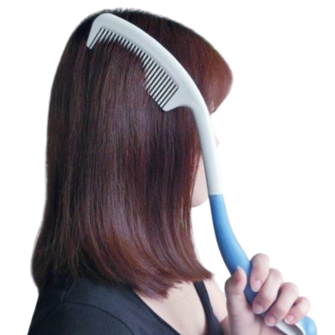 Long handled fine comb with ergonomic grip, extended reach for hair grooming, lightweight design supports independence and daily personal care routines.