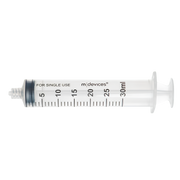 Sterile single-use Luer Lock Syringe, 30mL capacity, concentric nozzle without needle, clear barrel with markings for accurate fluid measurement.