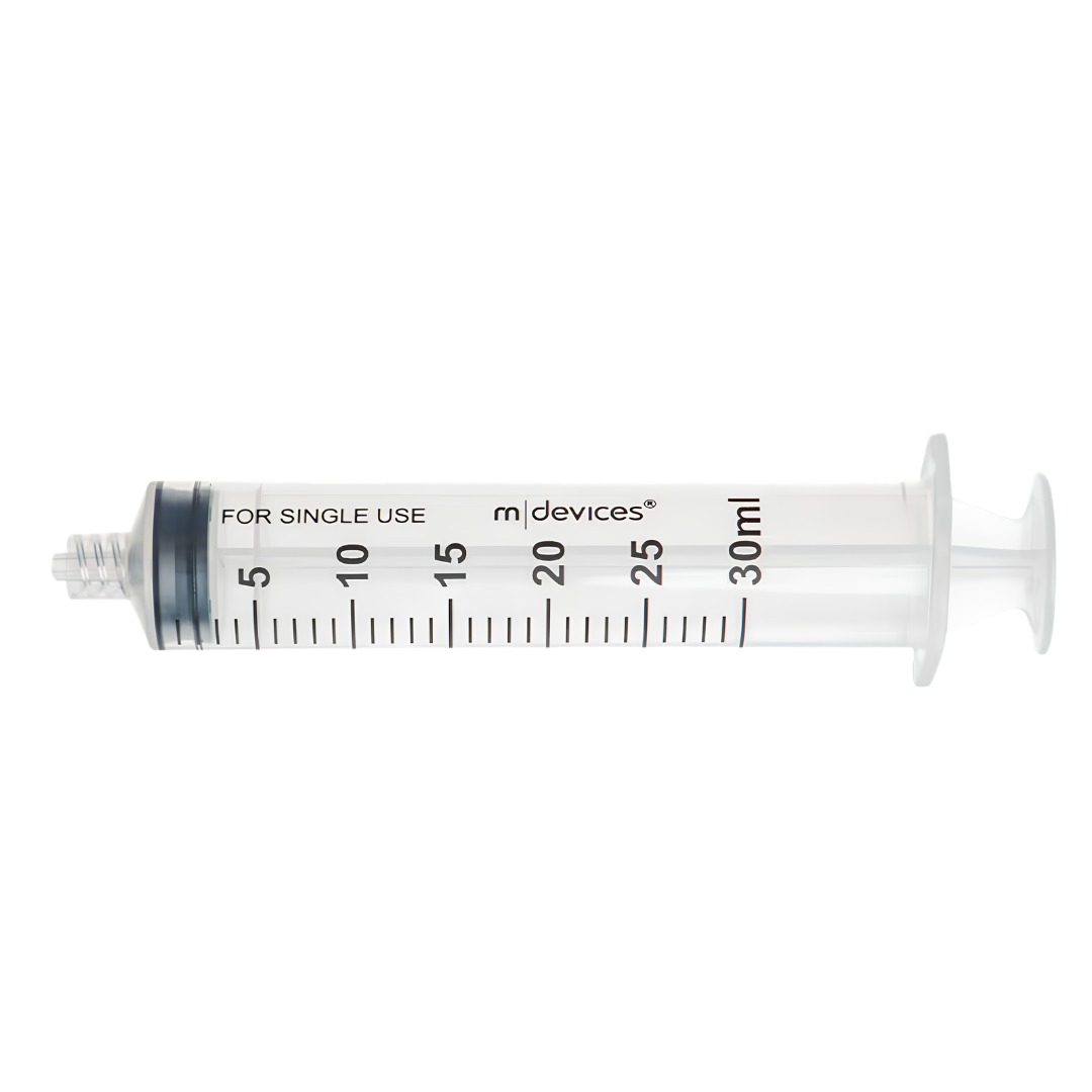 Sterile single-use Luer Lock Syringe, 30mL capacity, concentric nozzle without needle, clear barrel with markings for accurate fluid measurement.
