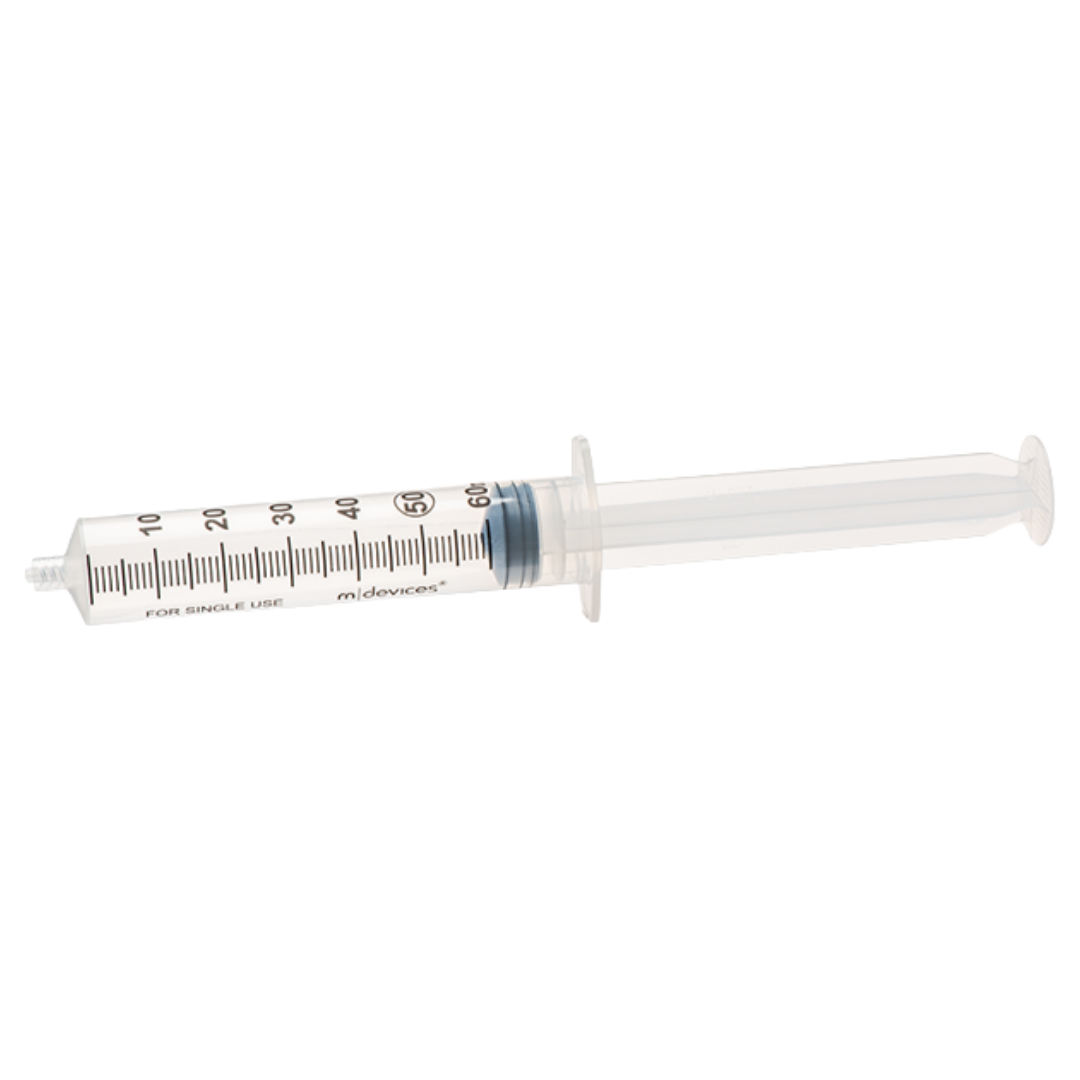 Sterile single-use Luer Lock Syringe, 50mL capacity, concentric nozzle without needle, clear barrel with markings for accurate fluid measurement.
