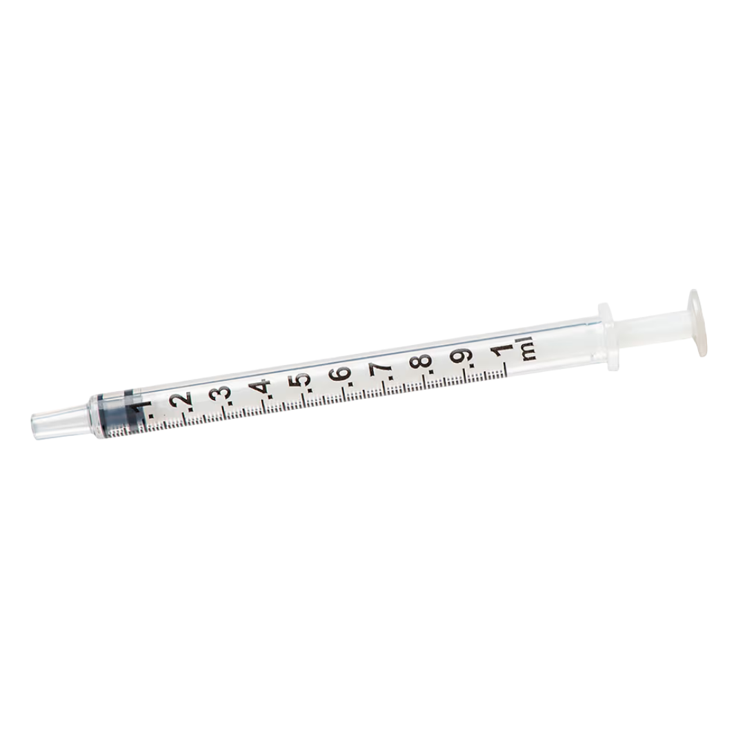 Sterile single-use Luer Slip Syringe with concentric nozzle, without needle, clear barrel with markings, available in multiple sizes for precise dosing.