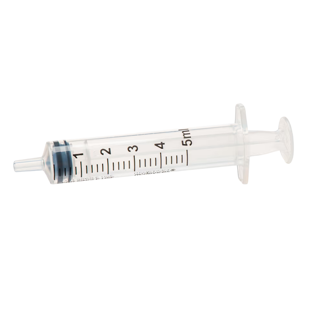 Sterile single-use Luer Slip Syringe with concentric nozzle, without needle, clear barrel with markings, available in multiple sizes for precise dosing.
