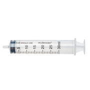 Sterile single-use Luer Slip Syringe, 30mL capacity, concentric nozzle without needle, clear barrel with markings for accurate fluid measurement.