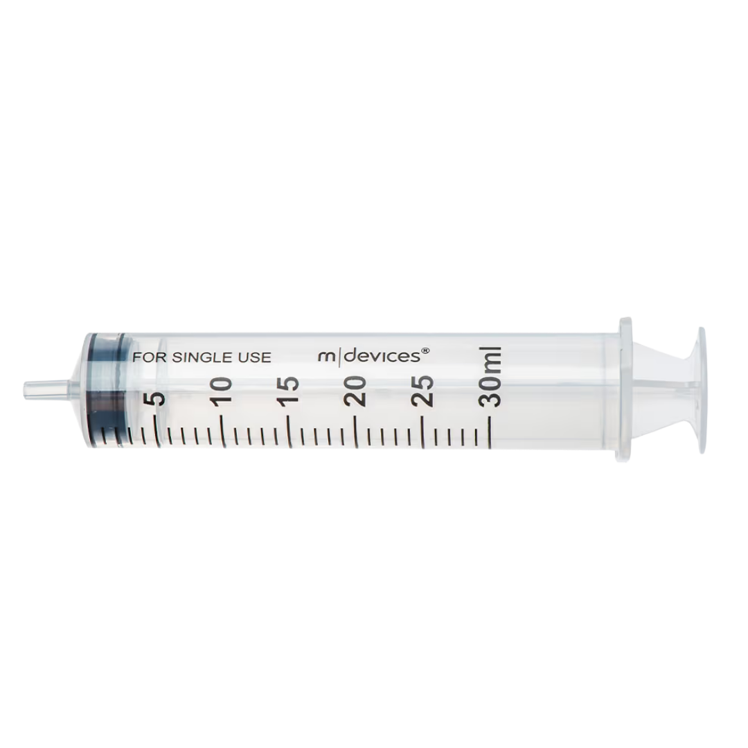 Sterile single-use Luer Slip Syringe, 30mL capacity, concentric nozzle without needle, clear barrel with markings for accurate fluid measurement.