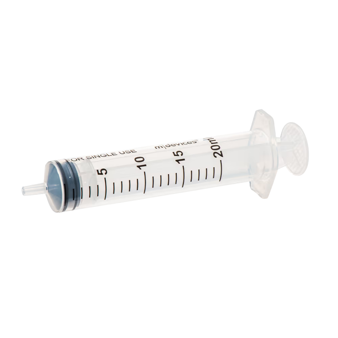 Sterile single-use Luer Slip Syringe with concentric nozzle, without needle, clear barrel with markings, available in multiple sizes for precise dosing.