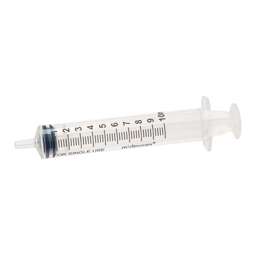 Sterile single-use Luer Slip Syringe with concentric nozzle, without needle, clear barrel with markings, available in multiple sizes for precise dosing.