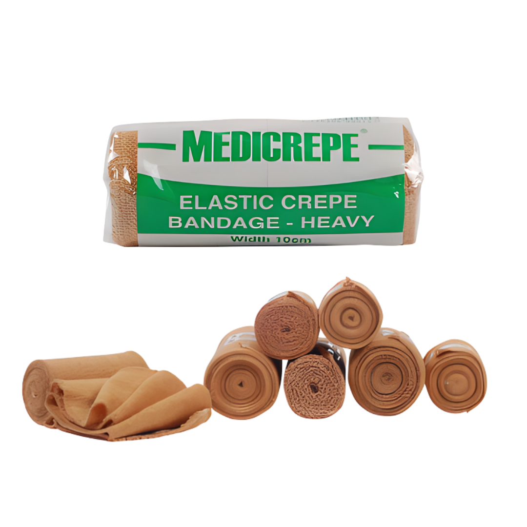 MEDICREPE Elastic Crepe Bandage 10cm x 1.5m Heavy provides firm compression, durable support, and secure dressing retention.