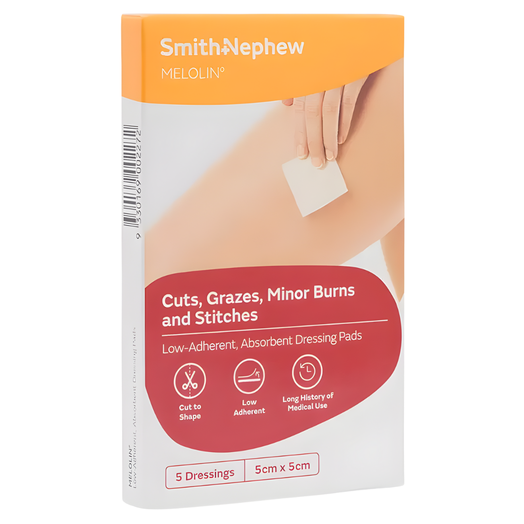 MELOLIN sterile low-adherent 5 x 5cm dressing pads in a carton of 25, designed for gentle wound protection and absorption for minor to moderate wounds.
