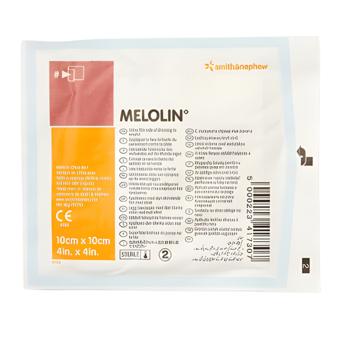 MELOLIN sterile low-adherent 10 x 10cm dressing pads in a carton of 10, designed for gentle wound protection and absorption for minor to moderate wounds.