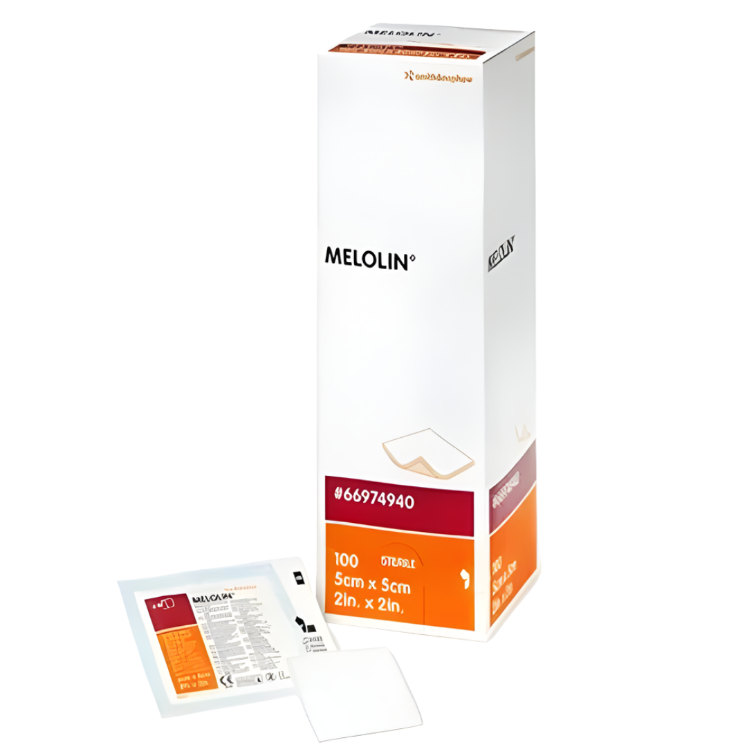 MELOLIN sterile low-adherent wound dressing pads in multiple sizes, supplied in boxes of 100, designed for gentle protection and absorption for various wound types.