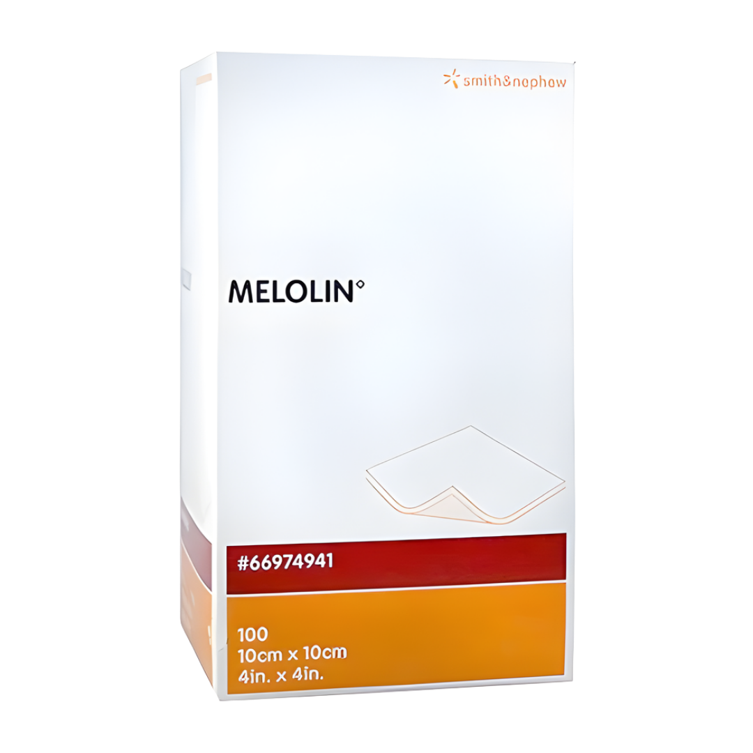 MELOLIN sterile low-adherent wound dressing pads in multiple sizes, supplied in boxes of 100, designed for gentle protection and absorption for various wound types.