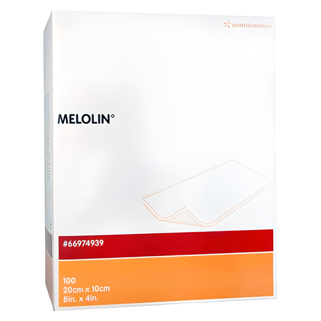 MELOLIN sterile low-adherent wound dressing pads in multiple sizes, supplied in boxes of 100, designed for gentle protection and absorption for various wound types.