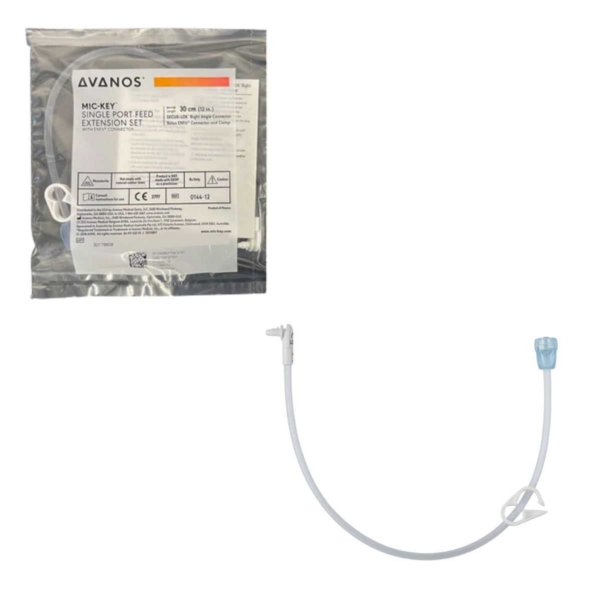 Avanos Mic-Key single port feed extension set, showing the packaged product on the left and the loose clear plastic tube with connector on the right, on a white background.