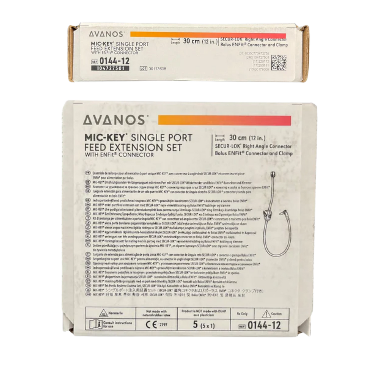 Two AVANOS MIC-KEY single port feed extension set boxes shown against a plain white background, with the front of one box prominently visible and the back of another partially visible above it.