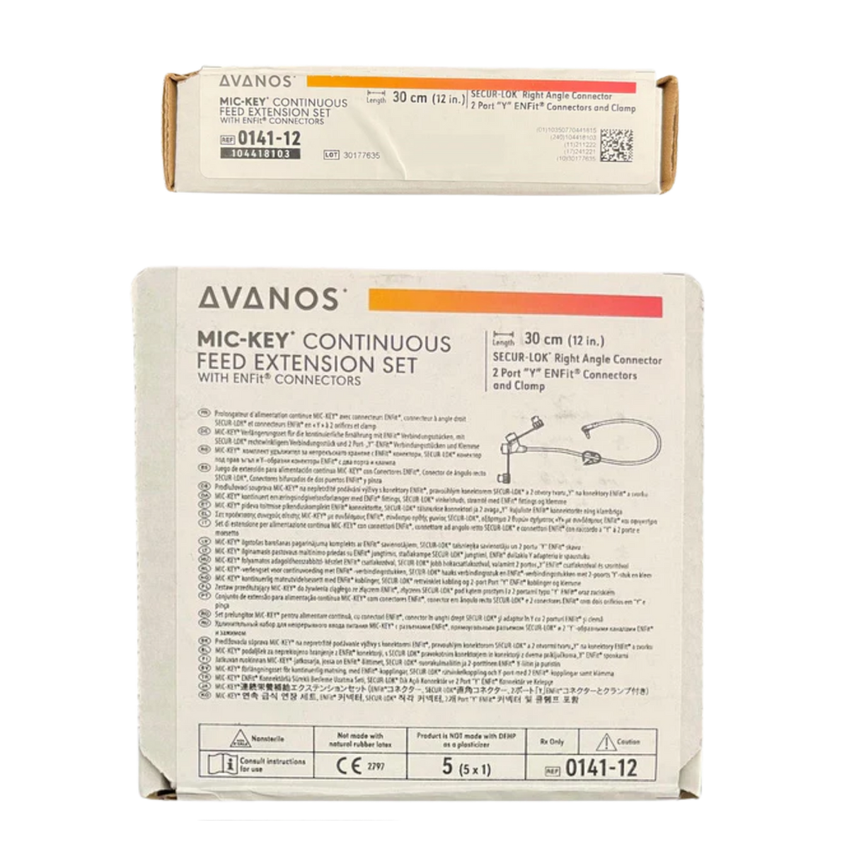 Two views of the Avanos Mic-Key Continuous Feed Extension Set box, showing the front packaging with technical specifications and a smaller top-down view of the box lid.