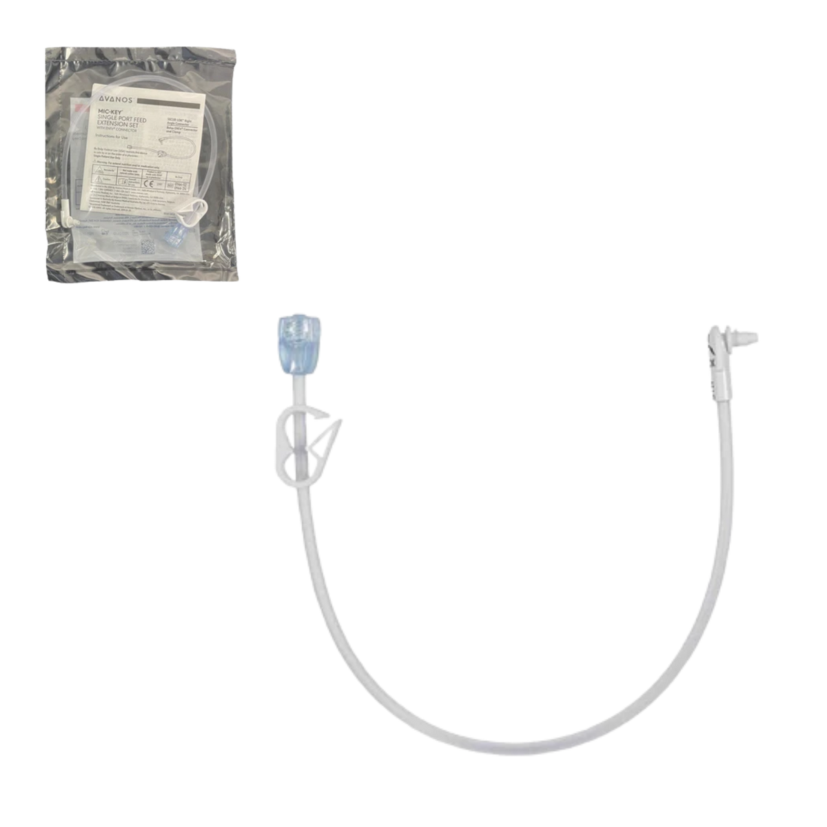 MIC-KEY 24-inch (60.9cm) continuous enteral feeding extension set featuring a right-angle connector, tubing clamp, and SECUR-LOK.