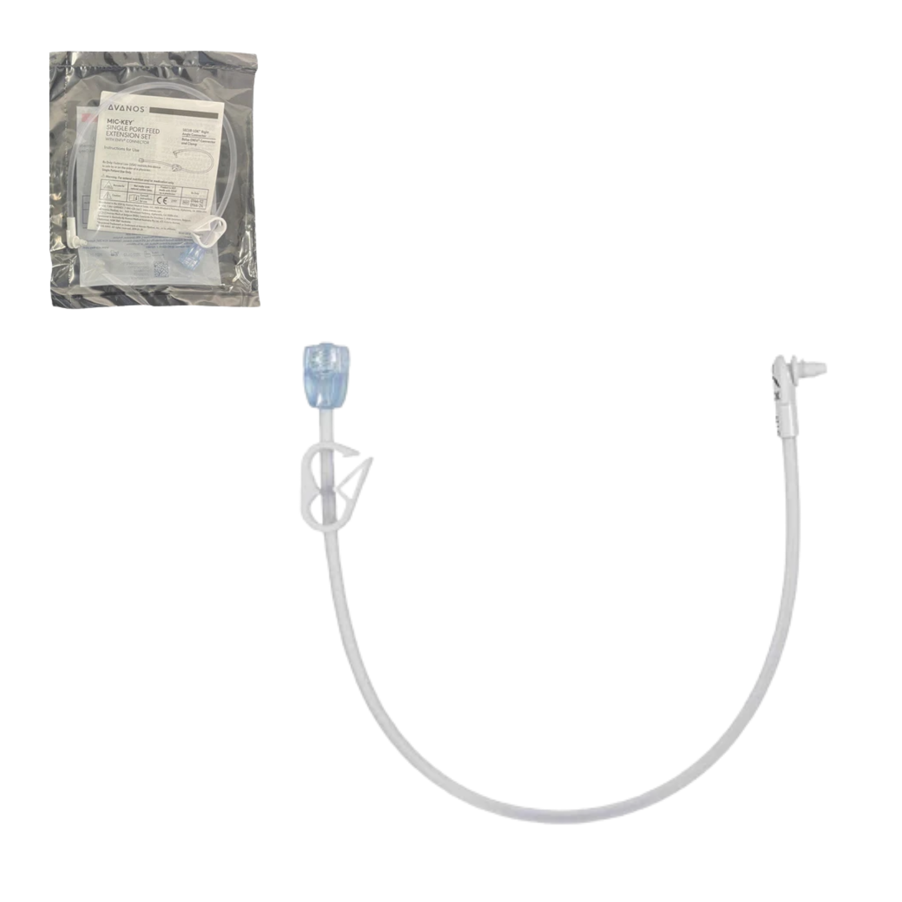 MIC-KEY 24-inch (60.9cm) continuous enteral feeding extension set featuring a right-angle connector, tubing clamp, and SECUR-LOK.