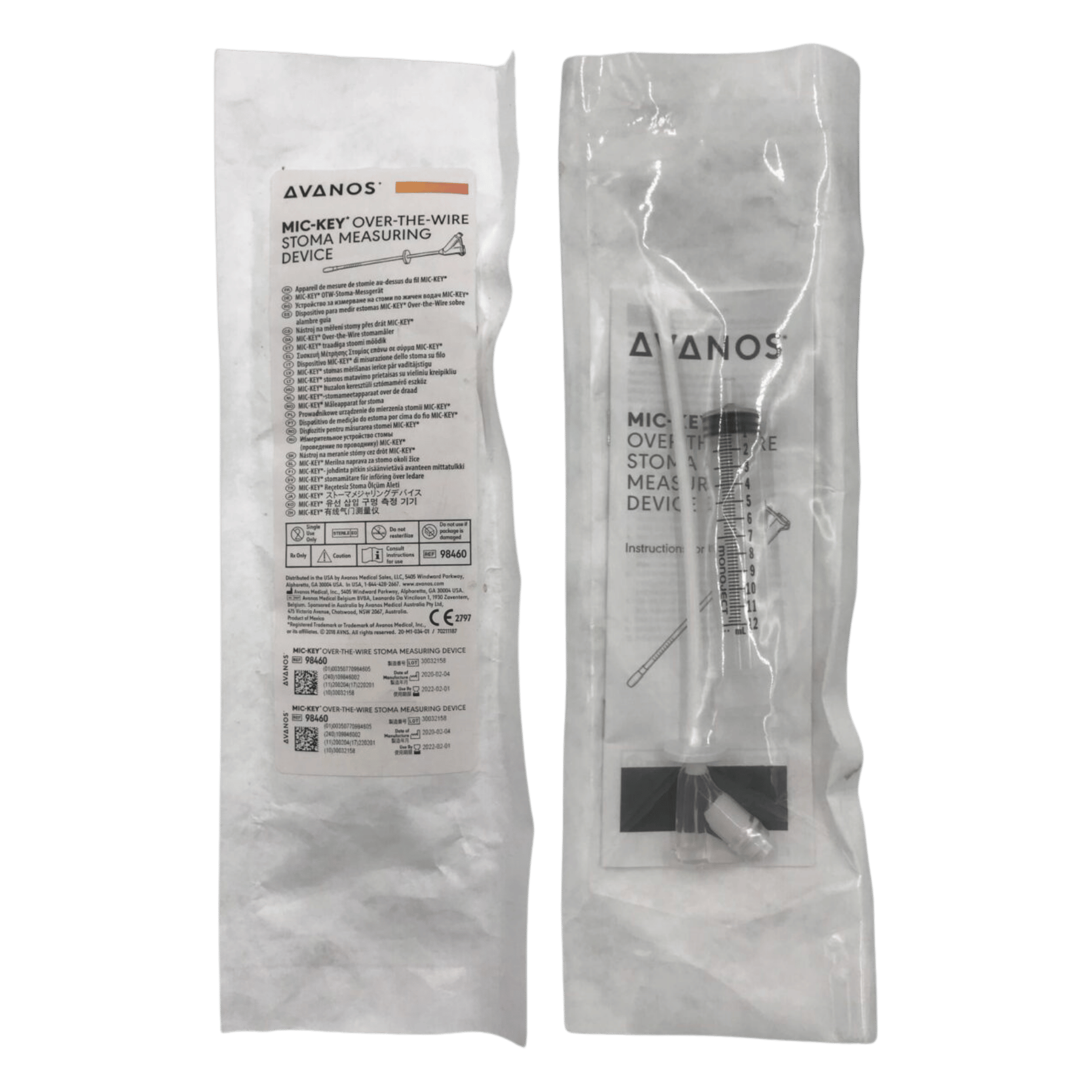 Two individually packaged AVANOS MIC-KEY Over-The-Wire Stoma Measuring Devices shown side by side—one in printed paper packaging and one in a clear plastic peel pouch.