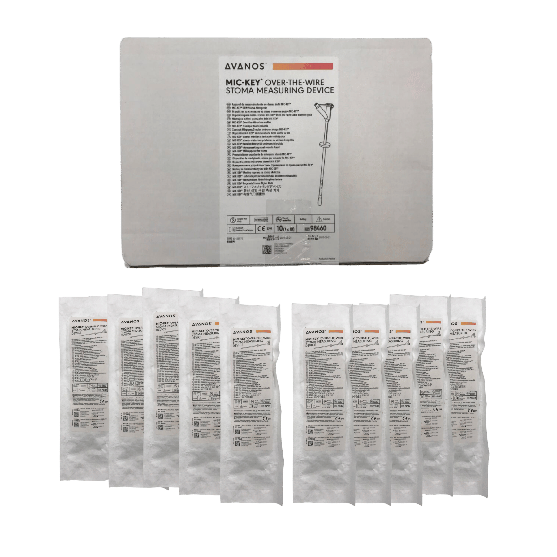An Avanos Mic-Key over-the-wire stoma measuring device kit, showing the main white cardboard box with printed instructions and ten individual sterile pouches arranged in two rows.